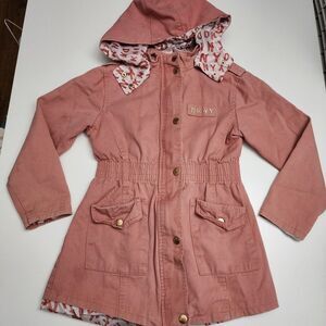 Girls DKNY Vintage Salmon Pink Fashion Zippered & Button Up Hooded Coat Size 6